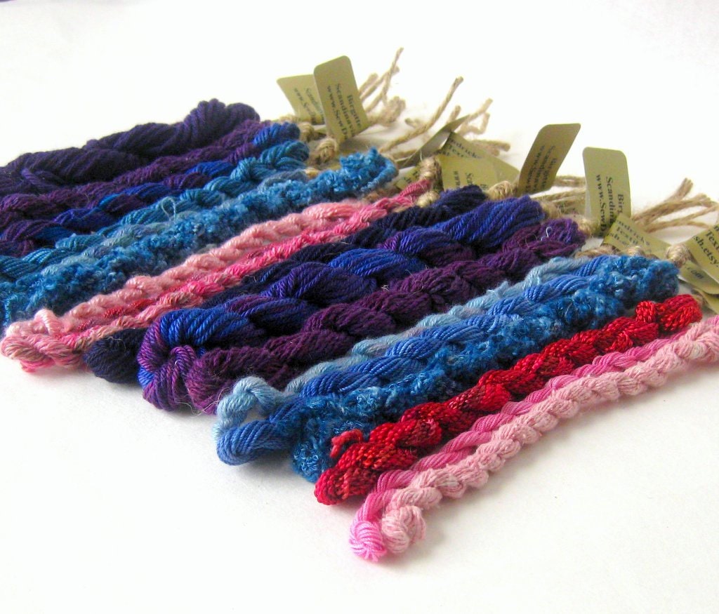Hand dyed embroidery threads bright purple pink blue yarn