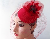 Red Hat, Silk Flower Hat, Birdcage Veil, Hair Fascinator, Hair Accessory, Unique Bridal Head Piece, Swarovski Crystal, Batcakes Couture
