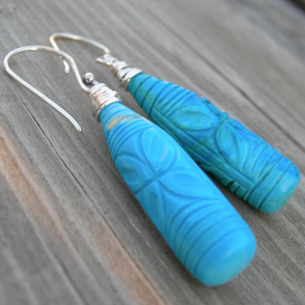 Unique Hand Carved Turquoise Briolette Sterling Earrings