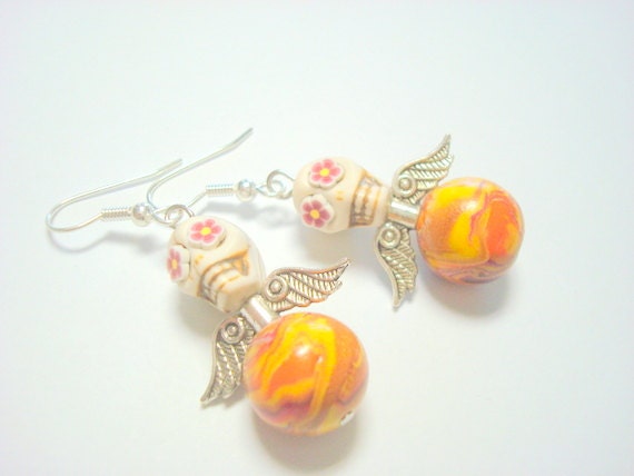Fire Day of the Dead Flying Sugar Skull Earrings