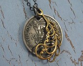 British shilling coin necklace, with lion, crown and feather