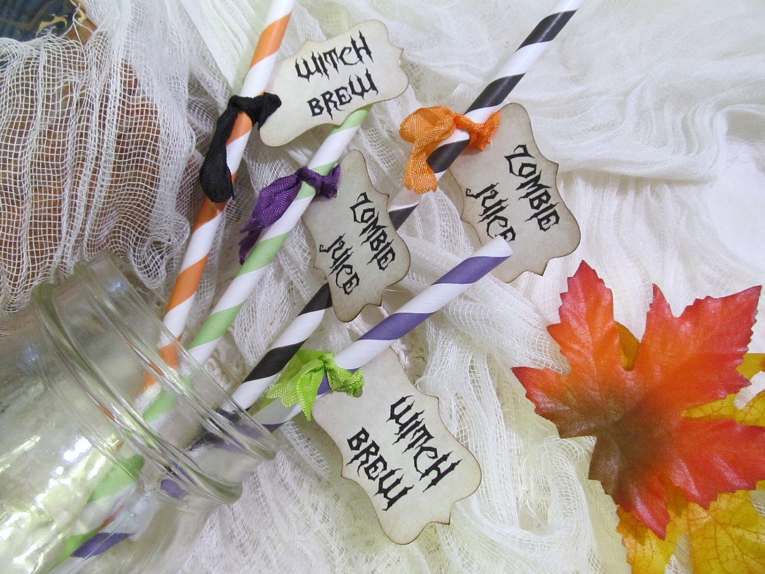 Halloween Paper Party Straws with Gothic Drink Me Witch Brew Zombie Juice Tags - Set of 18 - Choice of Straw & Ribbons