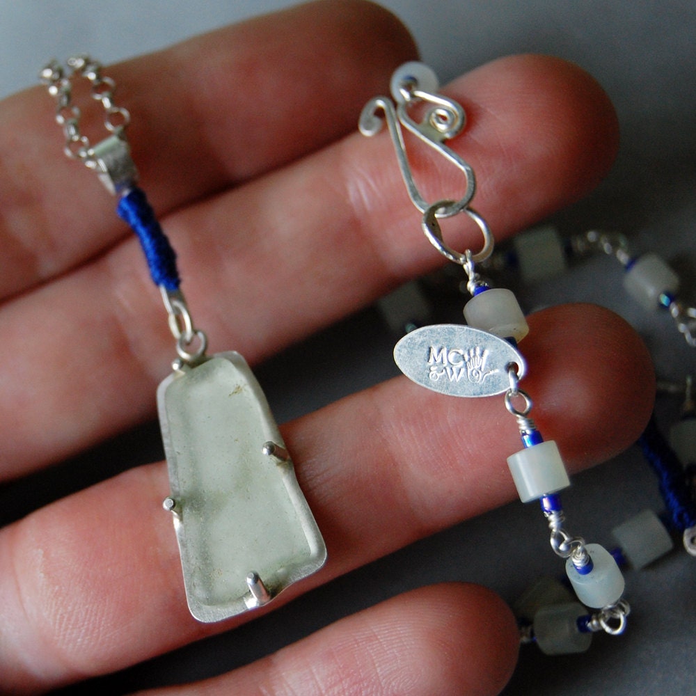 Genuine Sea Glass and Sea Green Aventurine Handmade Sterling Silver Necklace