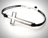 Silver Sideways Cross on Linen bracelet