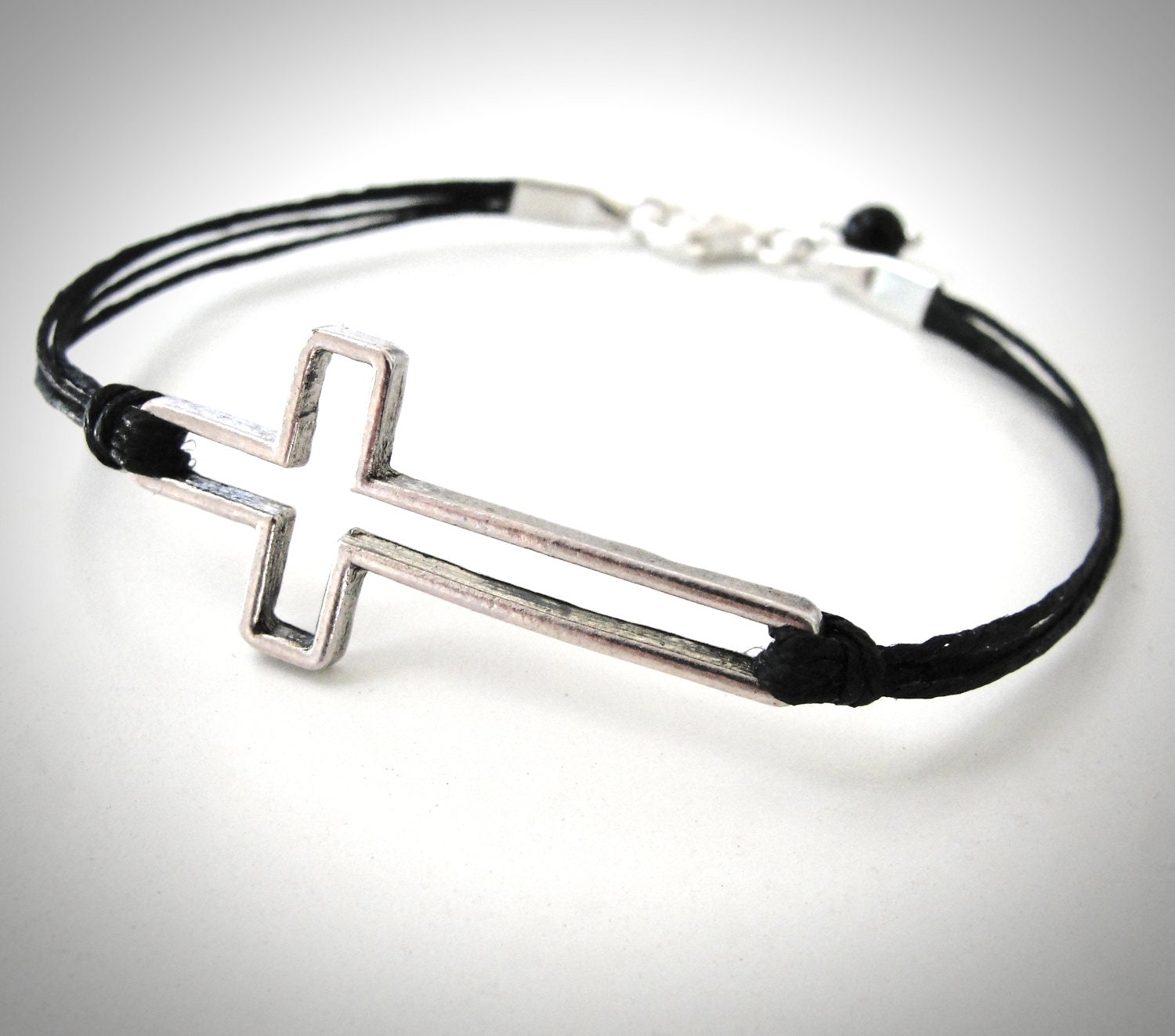 Silver Sideways Cross on Linen bracelet