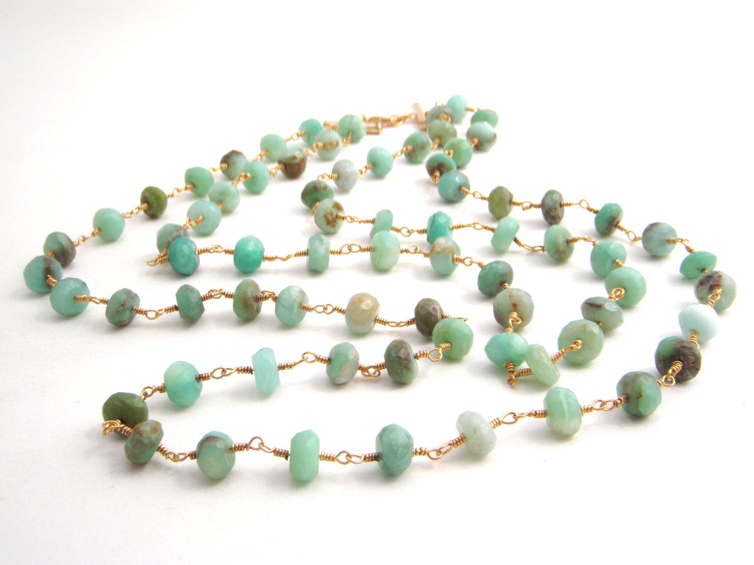 Peruvian Blue Opal Rosary Necklace - Gold - Mint Green - Double Strand - Wire Wrapped