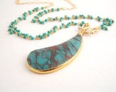 Green Turquoise Dangle Necklace With Variscite Pendant - Large Pendant - Teal - Brown - Gold - Chain