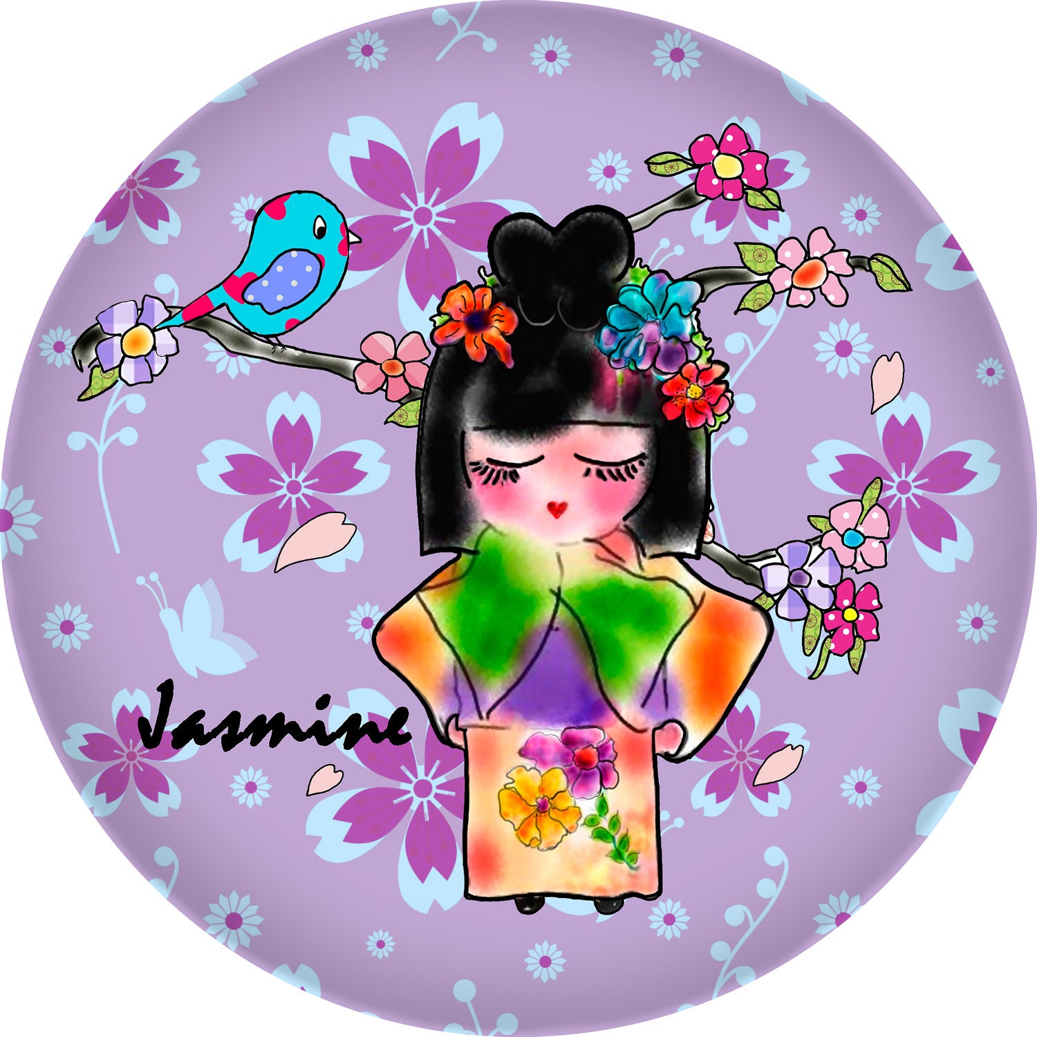 Jazzy Jasmine 10 inch  personalized children melamine plate, Asian geisha girl by Rosanna Hope for Baby Bon Bons sweet  Birthday  present