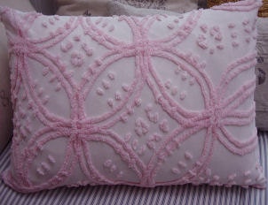 Chenille Pillow 24x16 DOWN and Feather Vintage French Pink and White Cottage Shabby Chic