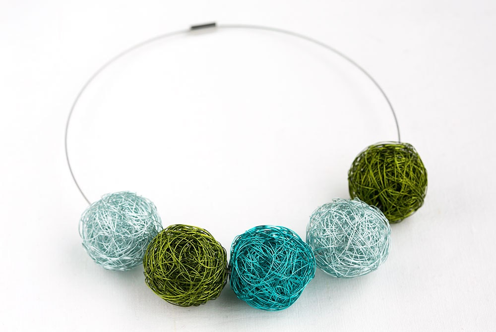 wire wrapped beads necklace, handmade beads in light blue, turquoise, forest handcrafted unique jewelry, on a wire choker, lightweight