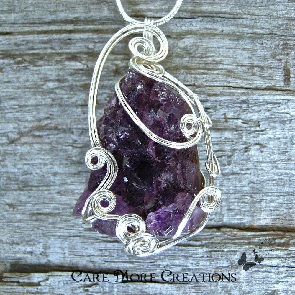 Amethyst Crystal Wire Wrapped Pendant - Purple Necklace in Silver Wire - Healing Gemstone