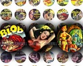 CULT CLASSICS - Digital Printable Collage Sheet - Retro Science Fiction, Horror & Monster Movies, 1" Circle, 25 mm Round, Instant Download