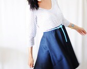 Polkadot Two-Tone Skater Dress with Long Sleeves, Scalloped Hem - S - M