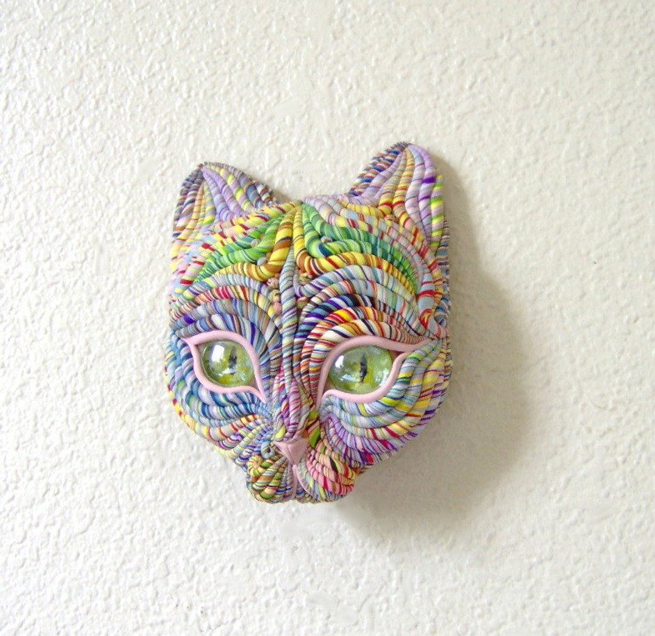 Cosmic Cat Face Sculpture Visionary Art Green Eyes