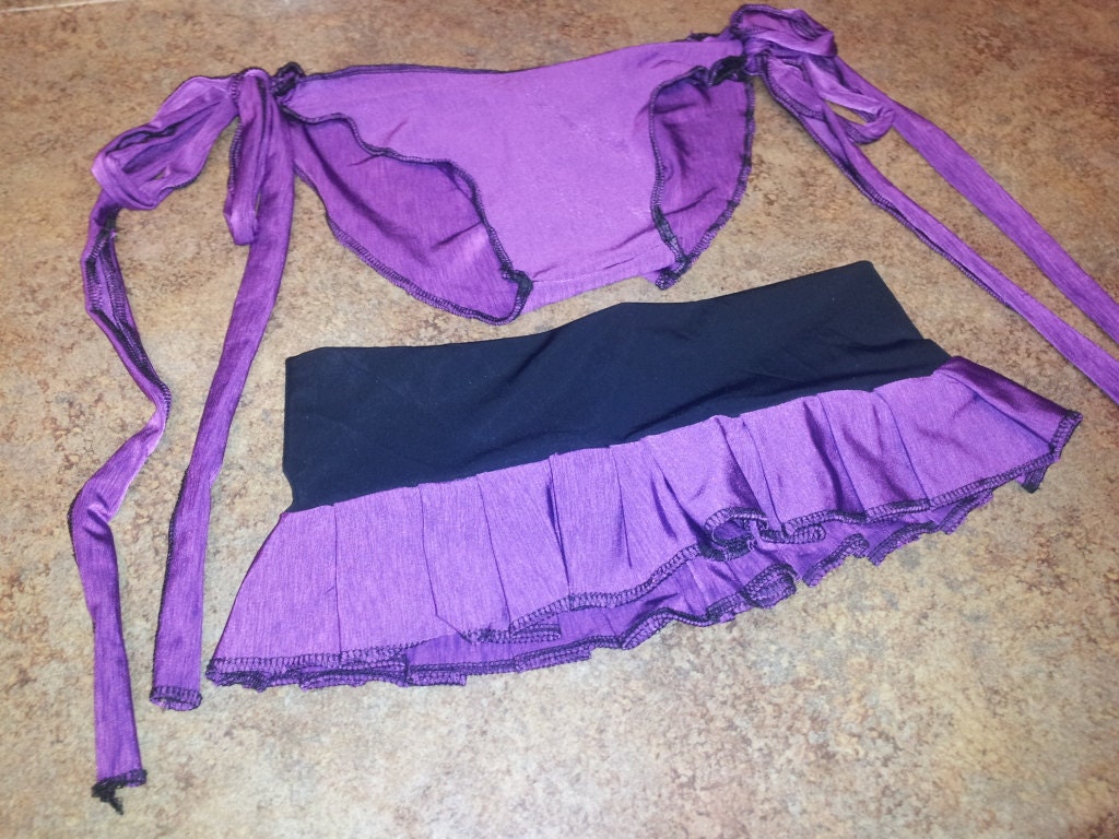 2 Piece Purple & Black Mini Skirt With Matching Ruffle Butt Tie At Side Panties Stripper Burlesque Wear