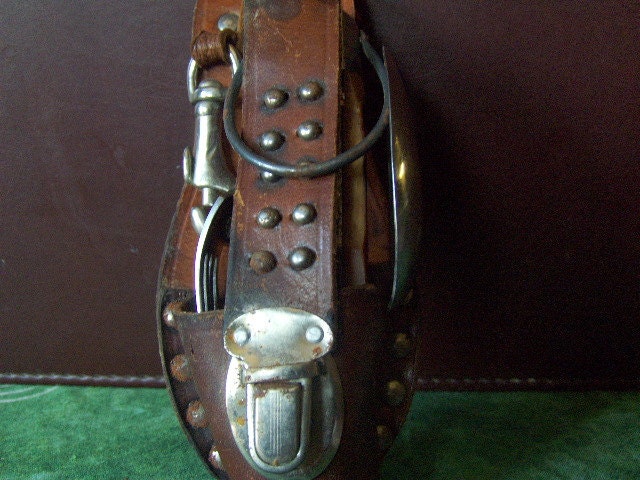 Antique Army Knife Swiss Style Survival Knife Eleven 11 Tools Stag Horn Insets with Leather Case