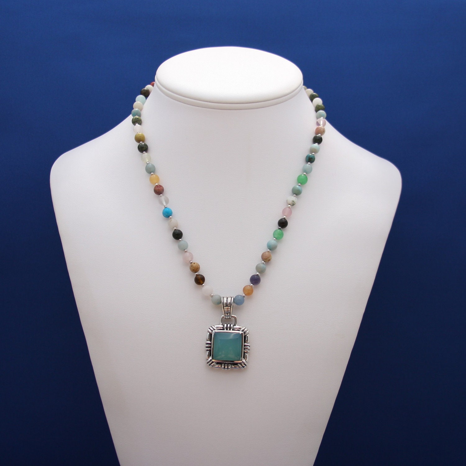 Chalcedony Pendant and Agate Necklace June Birthstone 12th Anniversary Strand-In the Garden