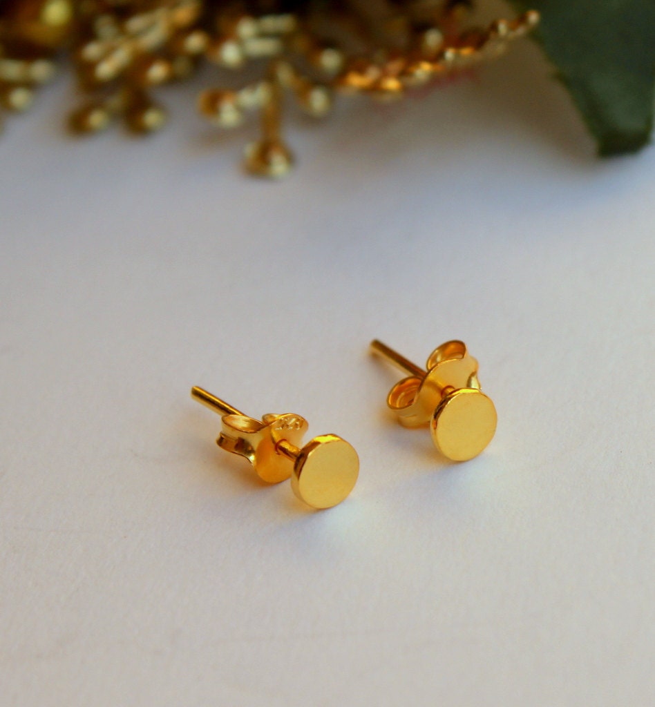 Geometric Gold Stud Earrings Jewelry 3/16 inch Tiny Dainty Simple  Round  Gold Plated Sterling