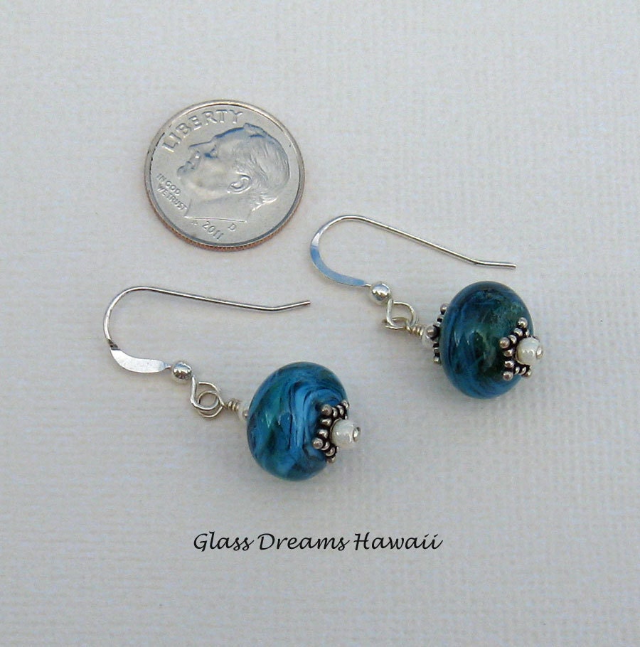 Handmade Lampwork Glass Dangle Earrings, Teal,  SRA, LE Team