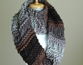 Chunky Hand Knit Infinity Scarf in Neutral Shades of Black Gray Brown Drop Stitch Original Design