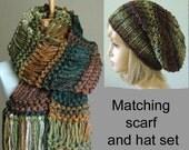 Hand Knit Chunky Woodland Scarf and Slouchy Hat Set Infinity Scarf or Fringe Scarf You Choose