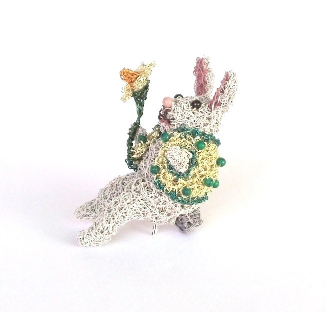 Rabbit brooch designed to sit on your shoulder, crochet wire bunny rabbit ON SALE