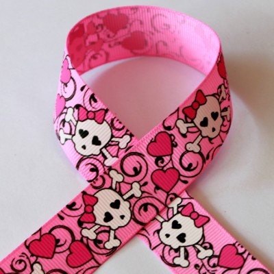 7/8 Rockabilly Swirl Skulls on Bubble Gum Pink Grosgrain Ribbon 3 yards