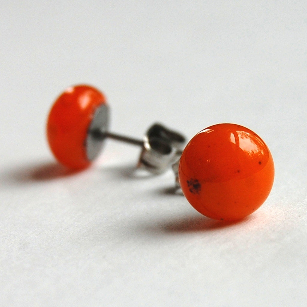 Eco-Friendly Tangerine Orange Recycled Glass Stud Earrings with Surgical Steel Posts (RGE-TO) - kitandcaboodleshop