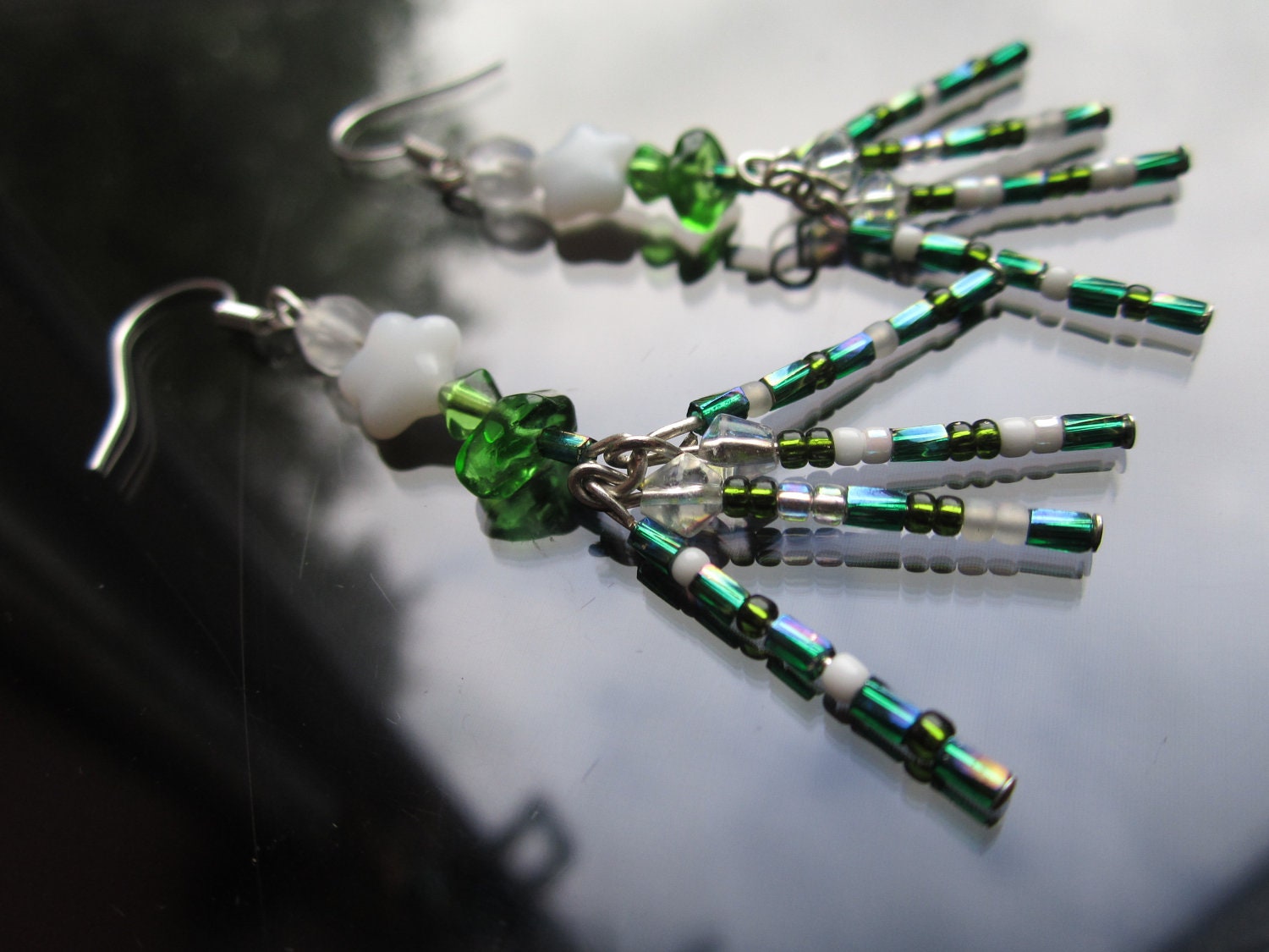 starburst earrings with petrol green bugle beads, white stars and green glass chips