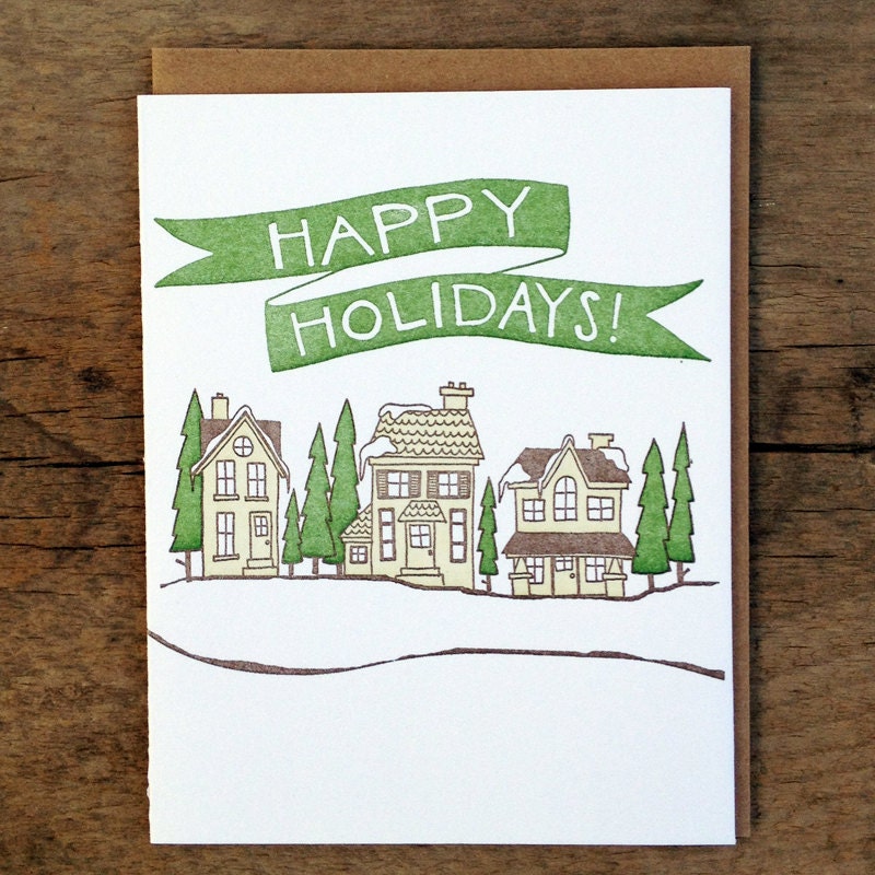 Happy Holidays Houses Letterpress Card