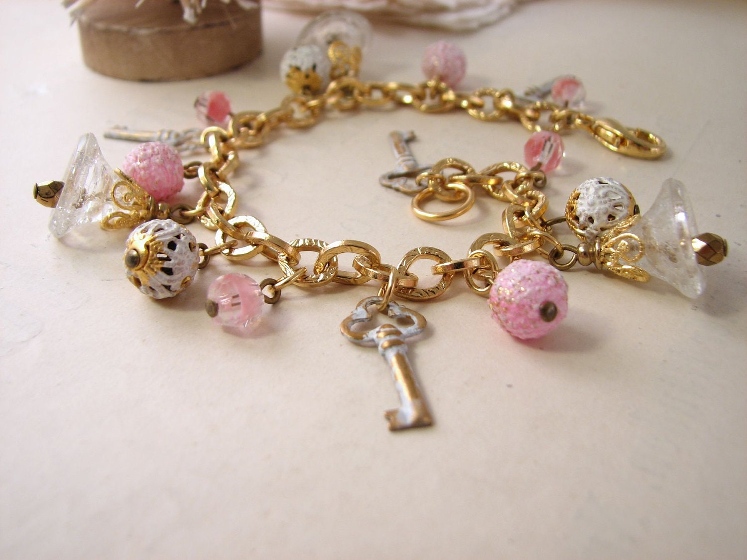 Pink Cottage shabby charm bracelet with vintage beads