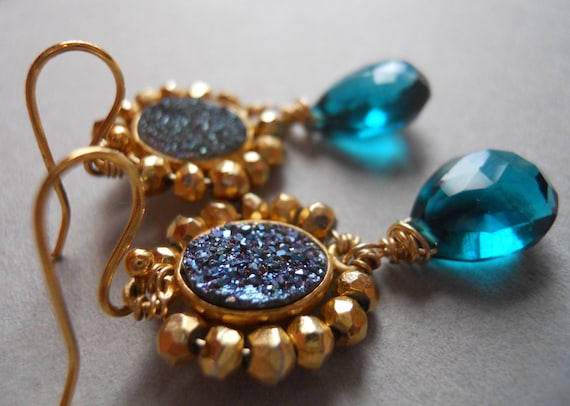 Items similar to Lido wrapped Druzy Pyrite and Aqua quartz earrings on Etsy