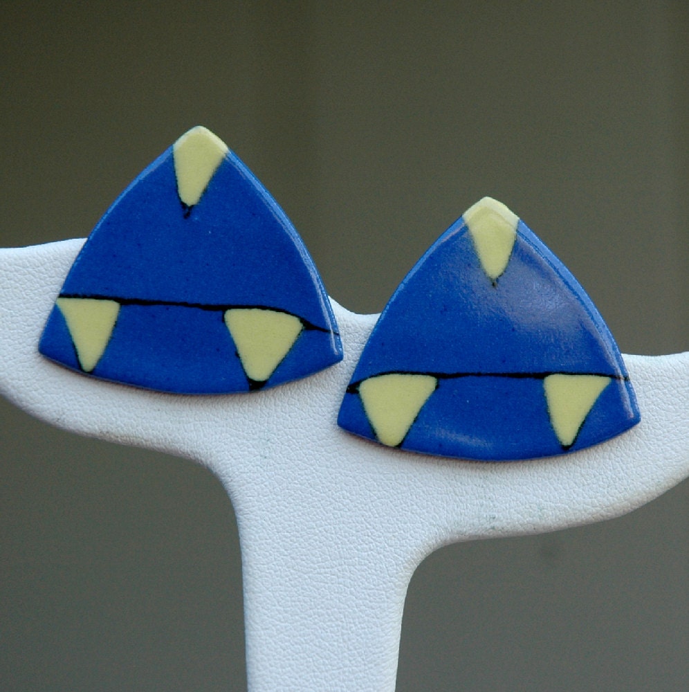 Vintage Blue and Yellow Porcelain Triangle Earrings