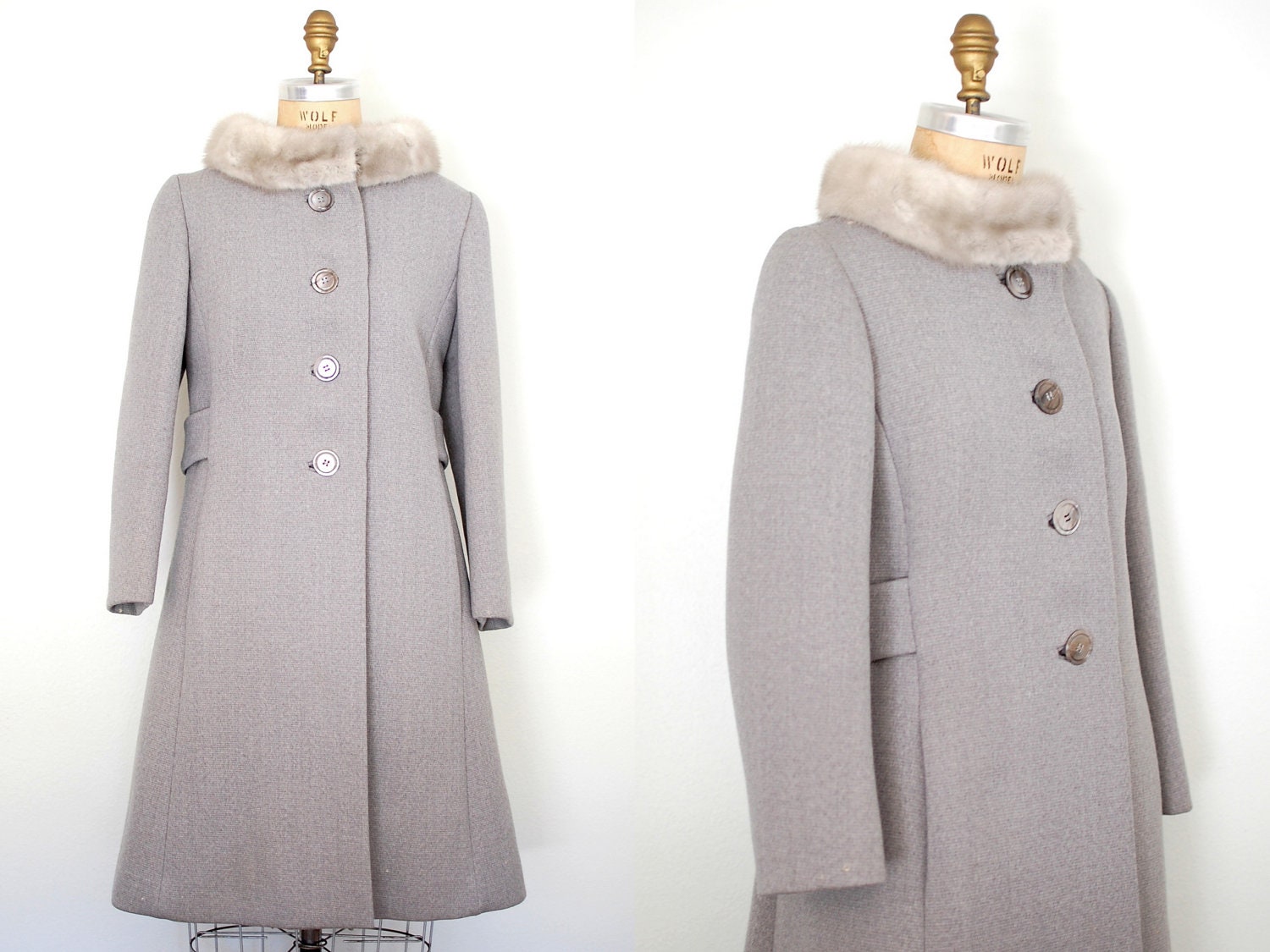 60s gray coat / 60s grey wool coat / 1960s grey wool coat / gray wool and fur coat  / 60s silver mink coat / silver mink princess coat