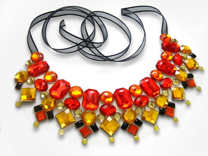 Rhinestone Statement Necklace, Summer Jewelry, Red Necklace, Orange, Yellow, Jeweled, Burlesque Necklace, Drag Jewelry