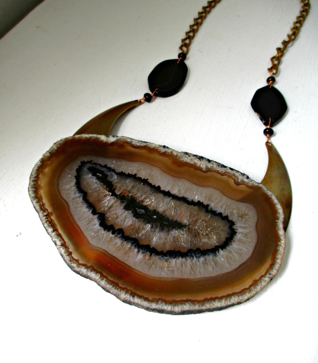 Geode Druzy Tribal Statement Necklace. Massive Agate Slice And Brass.