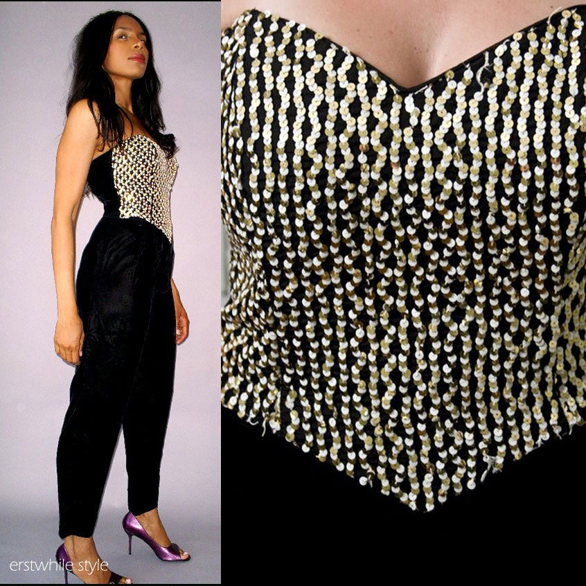 Vintage 80s Black Velvet Gunne Sax GLAM Jumpsuit Onesie  XS S