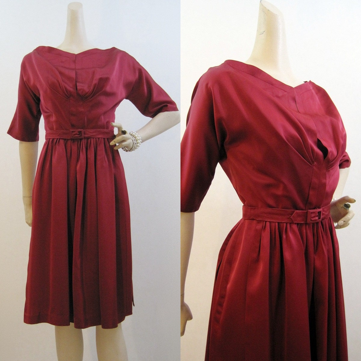 50s 60s Dress Vintage Cranberry Red Satin Holiday Party Dress S XS