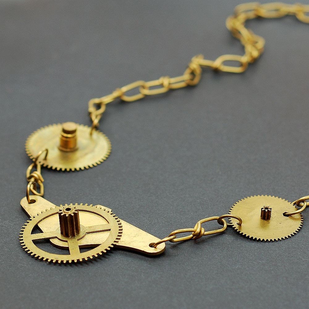Steampunk Jewelry- Brass Clock Gear Industrial Statement Necklace