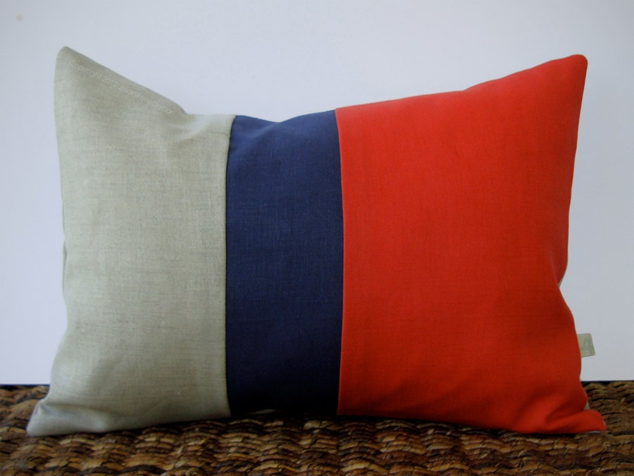 Color Block Stripe Pillow in Coral, Navy and Natural Linen by JillianReneDecor (12x16) Modern Home Decor - JillianReneDecor