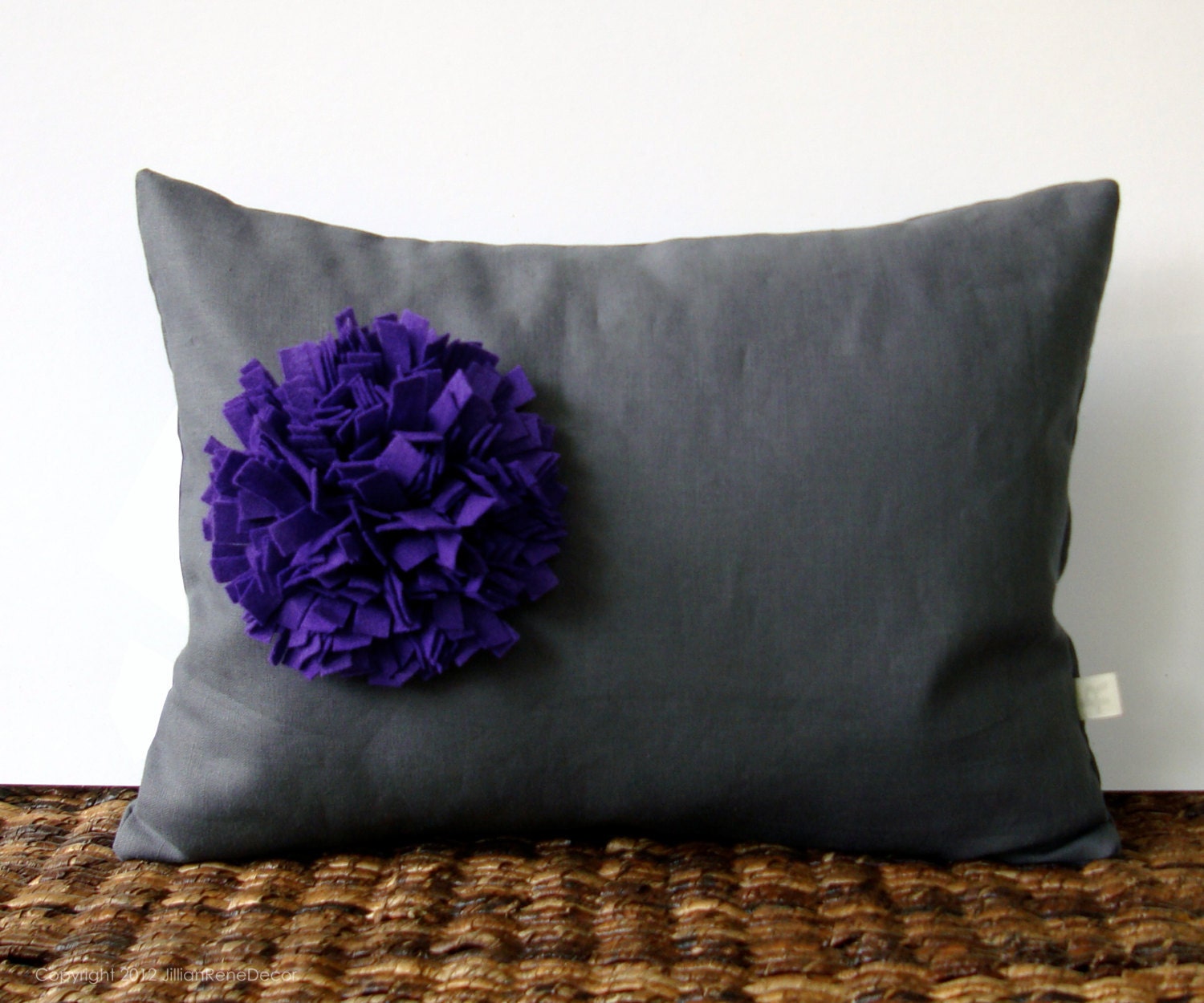 Purple Pom Pom Flower PILLOW COVER Gray Linen (12in x 16in) by JillianReneDecor Indigo Violet Spring Home Decor Gift for Her (Ready to Ship)