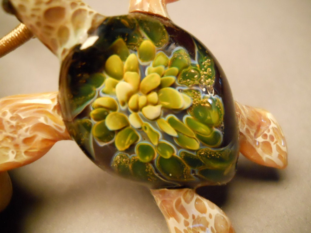 Tide pool Series Green Glass SeaTurtle pendant  with tan adjustable  choker