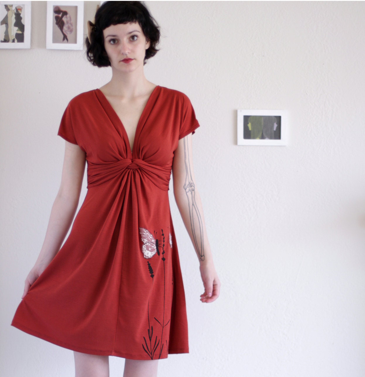 Rusty Orange Dress . Soft Jersey Dress . V-neck Twist Front Dress -Butterfly's office affair-size Medium