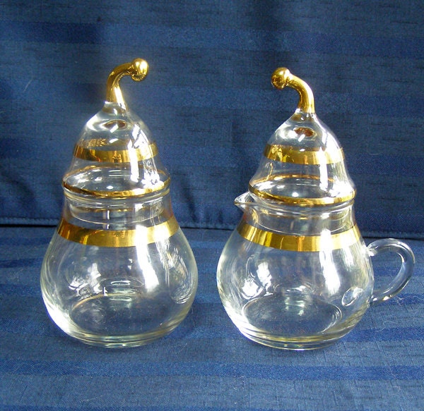 Vintage Crystal Glass Pear Cream and Sugar Set with Gold Trim