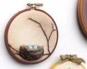 Spring Bird's Nest with Eggs - Mixed Media Wall Art in Brown 4 inch Hoop Nature Decor Made To Order