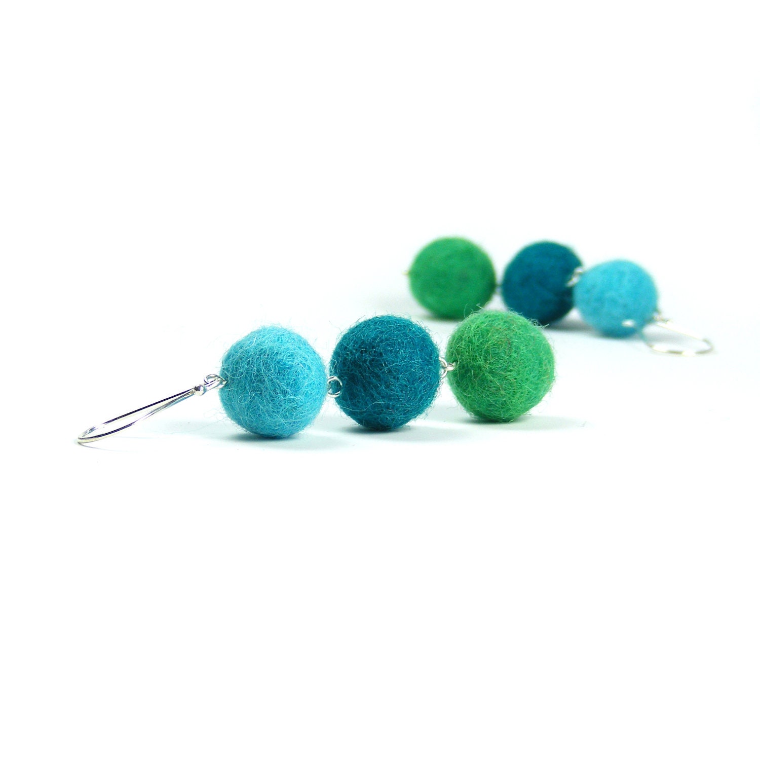 Felt Dangle Earrings, Handmade Turquoise, Blue & Green Sterling Silver Drop Earrings with Merino Wool Felt Balls, One of a kind