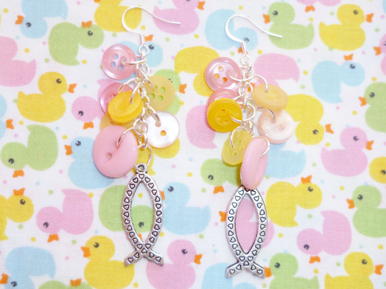 Pretty Fish - Pink and Yellow Button Charm Earrings with Fish Charms