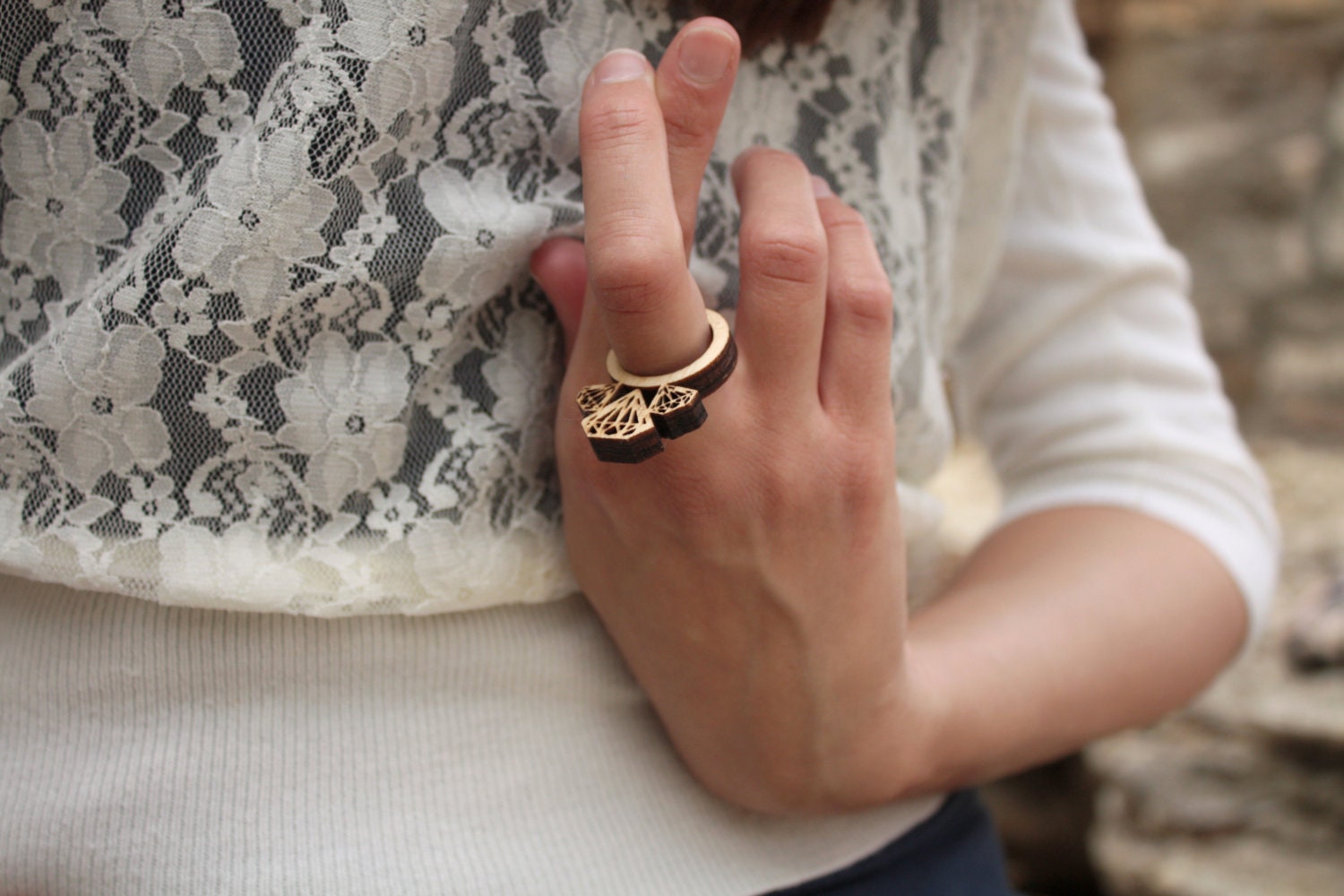 Wooden Diamond Ring  - size 8