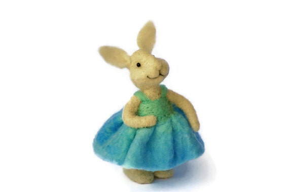 Needle Felted wool Bunny Rabbit wearing a Blue dress - needle felted animals