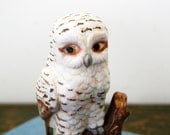 vintage 70s White Snowy Christmas Owl on Branch Shelf Sitter Figurine Home Decor for Your Winter Cabin